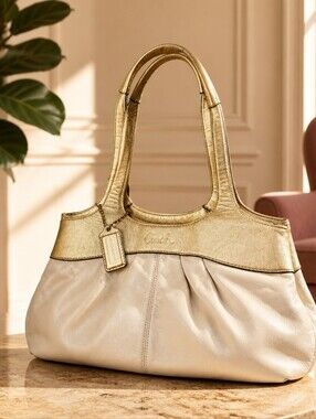 Coach Cream and Gold Pleated Shoulder Bag